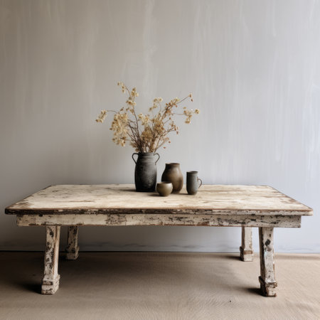 a white wooden rustic dining table with vintage items, reminiscent of the western zhou dynasty, is captured in this photo. the darktable processing enhances the dutch landscape, creating a raw authenticity. dusty piles and primitive art contribute to the somber mood of the scene. ai generatedの素材