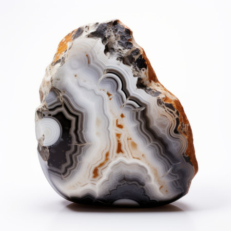 a piece of agate, cut in octagonal forms, is showcased against a white background. this rock and roll-inspired image captures the essence of pristine naturalism and indigenous culture. the agate displays shades of gray and black, while the soft-focus technique adds a touch of artistic flair. the contrasting colors of dark white and light orange create a hyperbolic expression. ai generatedの素材