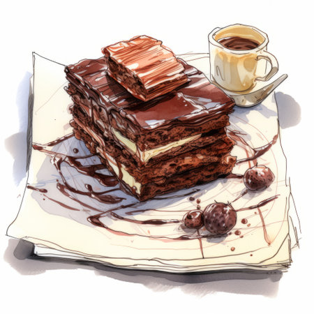 a chocolate cake with a cup of coffee is captured in this aquarellist-style photo. the rectangular fields and depth of layers create lively tableaus reminiscent of necronomicon illustrations. the high gloss finish enhances the clean and sharp inking, making the cake and coffee appear even more enticing. ai generatedの素材