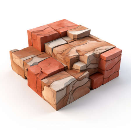 a 3d brick model featuring enlarged 3d blocks in a cubist style with fractured perspectives. the model is made of wood and showcases naturalistic renderings in light red and brown tones. the bricks have creased, crinkled, and wrinkled textures, while the overall structures are simplified. the design also incorporates crystalline and geological forms. ai generatedの素材
