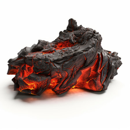 a small chunk of burning lava, resembling a readymade sculpture, is captured on a white background. the fiery lava, with its sculpted and burned-charred appearance, evokes the mesmerizing landscapes illuminated by the magewave. the image showcases the intricate details and realistic textures reminiscent of xbox 360 graphics, created in the style of zbrush. ai generatedの素材