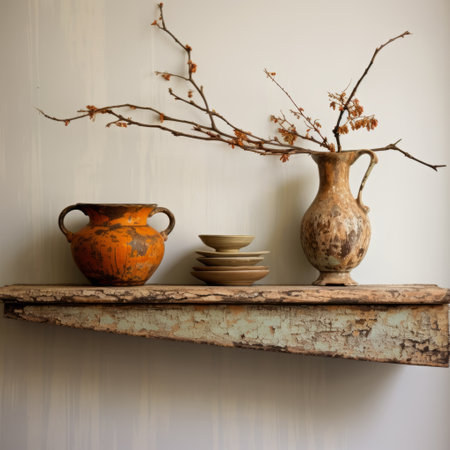 vases and pots adorn a wall shelf, showcasing distressed and weathered surfaces. inspired by traditional japanese artistic techniques, the earthy color palette of orange and brown evokes a romanticized country life. twisted branches add a touch of rustic charm, reminiscent of the southern countryside. ai generatedの素材