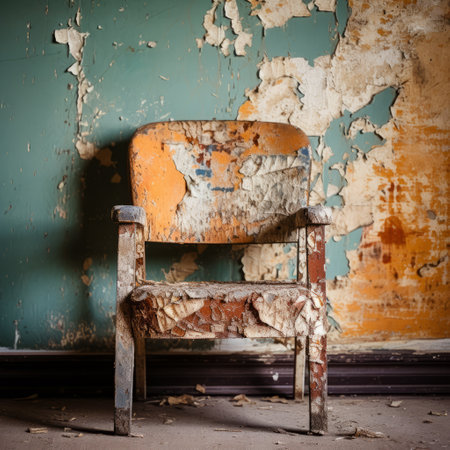 an orange, peeling and derelict chair sits against blue walls, showcasing the captivating documentary style of the northwest school. the mottled, post-apocalyptic backdrops add a touch of historical reimagining to this grimcore photograph, taken with the tokina opera 50mm f14 ff lens. ai generatedの素材