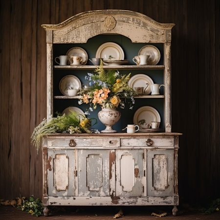 an antique country hutch showcasing a collection of plates, cups, and delicate white china on a table. the photo captures the essence of moody tonalism, with its storybook-esque ambiance and distressed surfaces. the floral still lifes add a touch of elegance to the scene. the image was taken using provia, resulting in a beautifully sculpted and authentically unpolished aesthetic. ai generatedの素材
