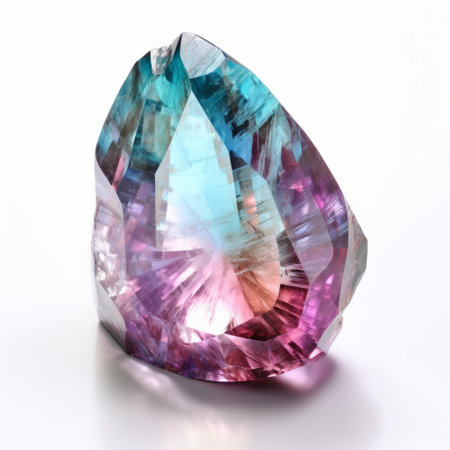 an open cut topaz diamond with a stunning illusory gradient of blue, rose, and purple colors. the gelatinous forms create a mesmerizing effect, enhanced by the light maroon and green hues. the texture-rich layers add depth to this angura kei-inspired stone sculpture. captured with back button focus for impeccable detail. ai generatedの素材