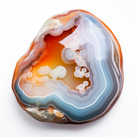 a colorful agate rock is showcased on a white background, featuring a captivating blend of light sky-blue and dark orange hues. this stunning composition draws inspiration from the artistic styles of mike campau and kerem beyit, with naturalistic poses and eye-catching details. the agate rock exhibits a beautiful combination of light gray and light amber tones, creating a visually striking contrast against the dark whiteの素材