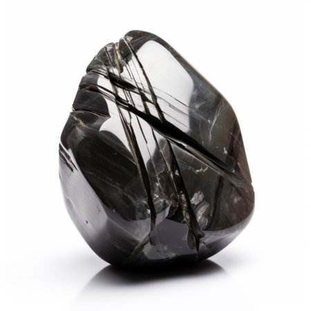 black jade rock isolated on a white surface, featuring kinetic lines and curves reminiscent of q hayashida's artwork. the rock showcases a combination of dark silver and light indigo hues, evoking the artistic styles of camille claudel and constantin brancusi. its surface is color-streaked, creating a visually captivating effect. shot with iso 200. ai generatedの素材