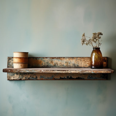 a photo of wooden shelves adorned with a vase, milk glasses, and a book. the items are arranged in a style reminiscent of patinated and oxidized traditional british landscapes. the shelves have distressed and weathered surfaces, giving them a unique character. the color palette includes light amber and sky-blue hues. captured using a fujifilm x-t4, the photo showcases textural surface treatments and a sense ofの素材