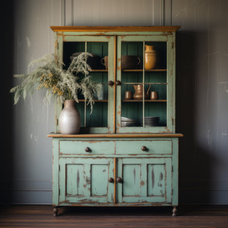 the terra cotta china cabinet, dating back to the 1850s, showcases a charming blend of light teal and light green hues. this nature-inspired piece features distressed and weathered surfaces, adding character and a touch of history. captured in ultra-high definition, this kitchen still life evokes a moody and atmospheric ambiance reminiscent of the english countryside. ai generatedの素材