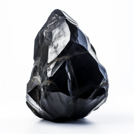 a black crystal stone, isolated on a white background, showcases its futuristic sleekness. these unique and one-of-a-kind pieces exude a bold yet graceful presence. the play of luminous light and shadow adds depth to this hyper-realistic still life. with unconventional forms and bold colorism, this crystal stone captivates with its striking beauty. ai generatedの素材
