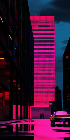 a parking lot in front of a big building, featuring a vibrant neon color palette with shades of dark crimson and pink. the artwork showcases realistic hyper-detail, capturing the animated energy of brooding cityscapes. the use of glass as a material adds a touch of modernity, while maintaining a cartoonish simplicity. ai generatedの素材