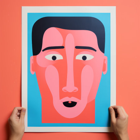 a group of individuals are seen holding a vibrant pink poster featuring a man with eye patches. the artwork showcases bold lines and contemporary asian art style, with a color palette of dark orange and light blue. the focus is on the facial expression, resembling studio portraiture, and the flat figuration is influenced by ancient chinese art. ai generatedの素材