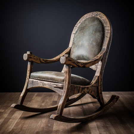 an old style rocking chair is featured in this photo, set against a black background. the chair has a patinated and oxidized appearance, reminiscent of elba damast. its color palette includes shades of light brown and dark aquamarine. the image captures the essence of artists like nathan wirth and stephen shortridge, with rough edges and a leatherhide texture. ai generatedの素材
