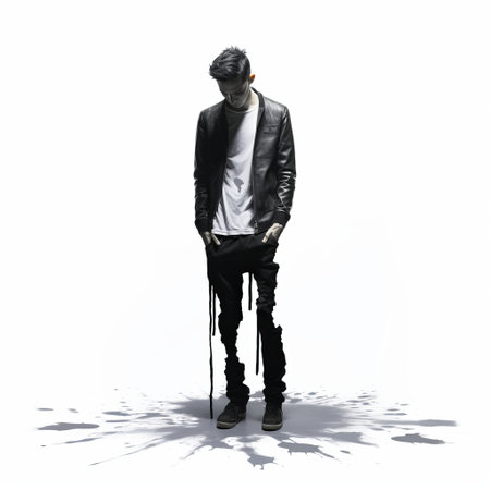 the singer, in the style of leatherhide, etam cru, and deconstructed minimalism, takes a walk in the summer. his release is captured in a photo that showcases skeletal, creased, and monochrome canvases, reminiscent of the artwork by justin bua. ai generatedの素材