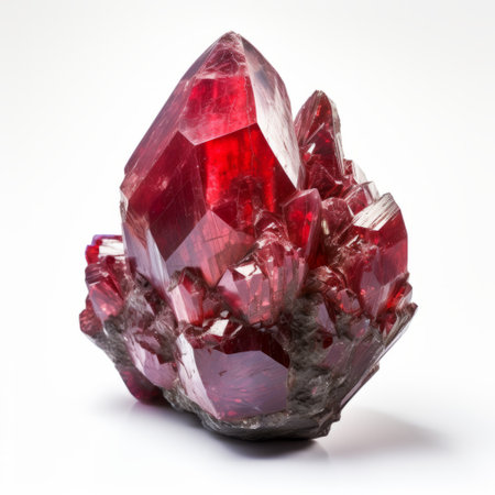 a stunning photograph capturing the voluminous forms of a quartz gem crystal, mineral, tsavrite, and ruby. in the style of dark crimson, this image by nathan wirth showcases the elaborate beauty of these gemstones. with hints of both dark crimson and light crimson, it evokes the artistic essence of jessie arms botke while capturing a sense of suburban ennui. ai generatedの素材
