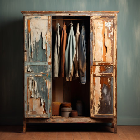 an old, used wardrobe with distressed surfaces, in the style of matthias haker, serves as a consumer culture critique. inspired by artists bess hamiti and robert rauschenberg, this refurbished piece features an earthy color palette reminiscent of the great depression era. ai generatedの素材