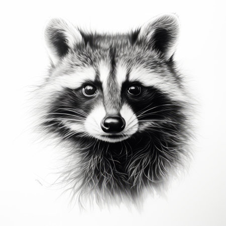 a hand-drawn black and white image of a raccoon, resembling hyperrealistic portraits. the artwork showcases a dark, white, and orange color palette, with realistic lighting. inspired by the lith printing technique, the image captures intricate details of the raccoon's character. set against a white background, this illustration pays homage to the style of jan pietersz saenredam. ai generatedの素材