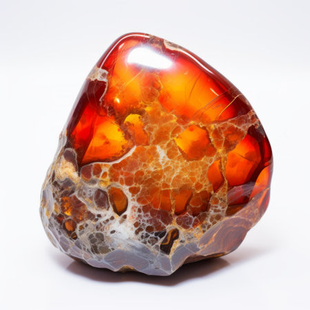 a large amber stone with red and orange hues is showcased against a white background. the organic stone carvings feature dark orange and light azure tones, creating a mosaic-like pattern. the naturalistic play of light and shadow enhances the stone's beauty. the image was developed using the caffenol method, resulting in a unique and captivating visual. ai generatedの素材