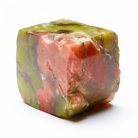 a colorful stone cube sits atop a white surface, showcasing a vibrant blend of light red and light green hues. the organic form of the cube is complemented by soft and rounded shapes in shades of light yellow and dark crimson. this captivating image captures the essence of absinthe culture, with a touch of calotype style. ai generatedの素材