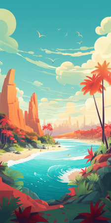 a stunning illustration of a vibrant island landscape, featuring majestic mountains, crystal-clear water, and a serene sea. this 3d vector cartoon, created in a saturated palette, captures the essence of enigmatic tropics and vibrant cityscapes. with its detailed character illustrations and naturecore theme, this 32k uhd gif is a visual masterpiece in light red and teal hues. ai generatedの素材