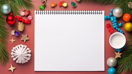 the photo showcases a set of binder rings holding an a4 blank, white page. surrounding the page are pencils, paint, brushes, and colorful christmas decorations. this composition creates a visually appealing and creative scene, perfect for art enthusiasts and holiday-themed projects. ai generatedの素材