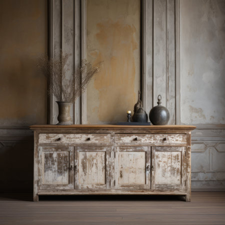 a large terracotta painted cabinet sideboard, featuring distressed and weathered surfaces, showcases a realistic still life with dramatic lighting. the white and beige color scheme adds to the high-quality photo, creating a serene and peaceful ambiance. inspired by medieval aesthetics, this piece exudes an austere simplicity. ai generatedの素材