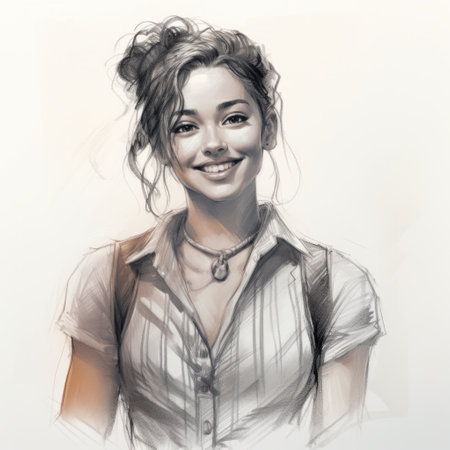 a girl is depicted in a charming digital art drawing, sitting on a sofa and smiling. the artwork showcases highly realistic and western-style portraits, reminiscent of dc comics characters. the use of digital art techniques adds a shiny and glossy effect to this studio portrait. ai generatedの素材