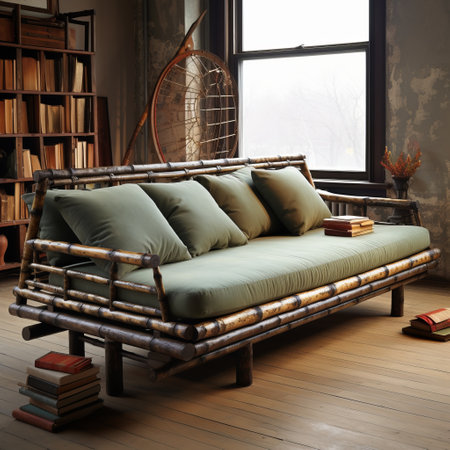 a bamboo woven couch with an industrial feel, designed by peregrine heathcote. the couch features a combination of dark green and light brown colors, creating a visually appealing contrast. the photograph, taken with a fujifilm natura 1600 camera, showcases the craftsmanship of the piece, reminiscent of the works of eastman johnson and piet hein eek. the couch is adorned with books and portfolios, adding aの素材