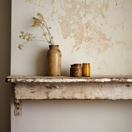a white distressed and weathered shelf, inspired by traditional british landscapes, is placed on the floor. the shelf features delicate brushwork, muted colors such as dark yellow and beige, and splattered paint for a rustic simplicity. ai generatedの素材