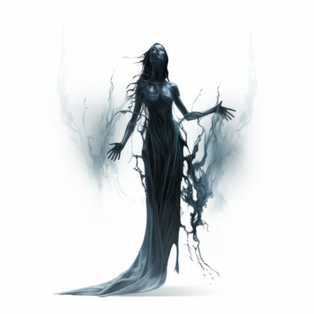 the grimdark dark fantasy wallpaper features the owl of death, a disambiguation wiki. the artwork is done in a dark aquamarine and white color scheme, with isolated figures and flowing silhouettes. created by luis royo, the twisted characters are portrayed in a spray-paint based style, with gesture-driven elements. ai generatedの素材