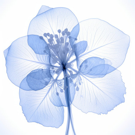 a blue flower photo captured in low speed, reminiscent of the style of nick veasey. the image showcases a striking juxtaposition of hard and soft lines, creating an intriguing visual effect. this ecological art piece features a monochromatic palette against a clean white background, reminiscent of the works of edoardo tresoldi. the layered translucency adds depth and complexity to the composition. ai generatedの素材
