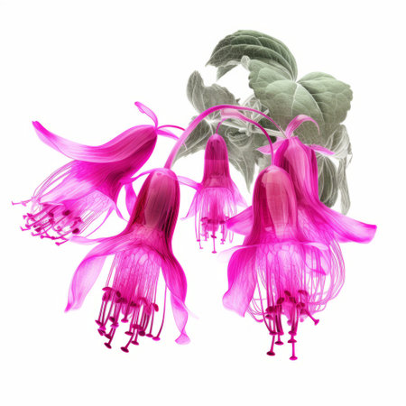 four pink fuchsia flowers, captured in a manipulated photography style, are showcased against a clean white background. this photogram, created using unreal engine 5, features digitally enhanced details that evoke a sense of naturalistic nostalgia. the flowers, depicted as detailed miniatures, exhibit organic and flowing forms. ai generatedの素材