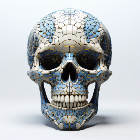 a skull made with blue and white tiles, showcasing a futuristic fragmentation style. the sculpture is intricately sculpted, with a realistic usage of light and color. inspired by aztec art, this piece combines elements of futuristic realism. the image is captured in stunning 8k 3d by artist emek golan. ai generatedの素材