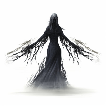 a woman wearing a gown adorned with long rams on her neck and wings, captured in a ghosting effect style. the image showcases twisted branches in the background, creating a nightmarish atmosphere. this 2d game art-inspired photograph, taken by the associated press, embodies the witchcore aesthetic against a white background. ai generatedの素材