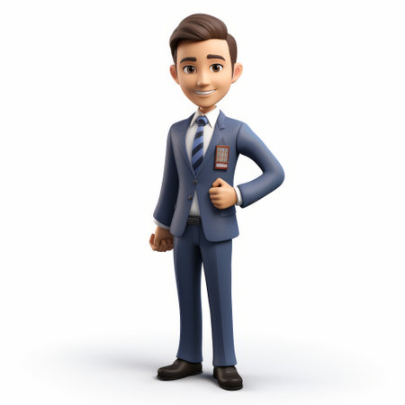 a 3d business man mascot character in a realistic and detailed rendering style, inspired by the works of shuzo oshimi, victor nizovtsev, kodak brownie, antonio mancini. the character is portrayed with navy and amber colors, creating a visually appealing and lifelike representation. ai generatedの素材