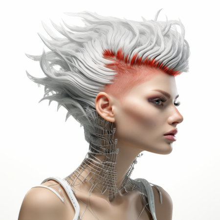 a young woman wearing a voodoo headpiece and sporting a shaved head is depicted in this hyper-realistic sci-fi style photograph. the image showcases a striking combination of light silver and red colors, with electrifying tones. the highly detailed figures feature jagged edges and asymmetric designs, reminiscent of the mono-ha art movement. ai generatedの素材