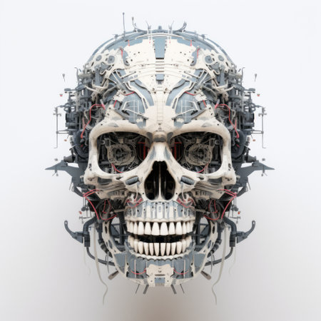 a skull with a modern industrial design, showcasing futuristic fragmentation and digital art techniques. this symmetrical chaos, inspired by marcin sobas, features highly detailed figures and a touch of supernatural realism. the low depth of field adds depth and intrigue to this captivating piece. ai generatedの素材