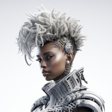 a woman with futuristic equipment stands in a futurist environment, showcasing an afro-caribbean influence. the scene is characterized by a striking combination of dark, white, and silver tones. the equipment is sharp, prickly, and made of rubber, with intricate details. the overall aesthetic is aetherpunk, featuring bold and vibrant coloration. ai generatedの素材