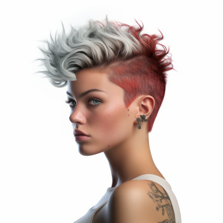 3d female hairstyle with short hair 3d models stock featuring a captivating realism. the style is inspired by tattoo art, with silver and crimson colors that are digitally enhanced. this high-definition image showcases the spray painted realism, creating a visually stunning white and crimson aesthetic. ai generatedの素材
