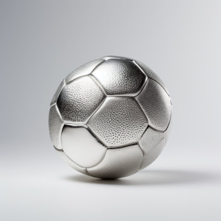 a silver soccer ball, reminiscent of mike campau's style, is displayed against a sleek gray background. the ball's soft and rounded forms are expertly sculpted, showcasing exquisite craftsmanship. with an iso of 200, this image captures the essence of kombuchapunk and nanopunk aesthetics. ai generatedの素材