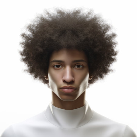 young man with long hair and a collar, in the style of afro-caribbean influence, captured in a monochromatic white figure. this 3d rendering showcases algorithmic artistry and constructivist roots, resulting in a powerful facial expression. the solarization effect adds depth and intrigue to this national geographic-inspired photo. ai generatedの素材