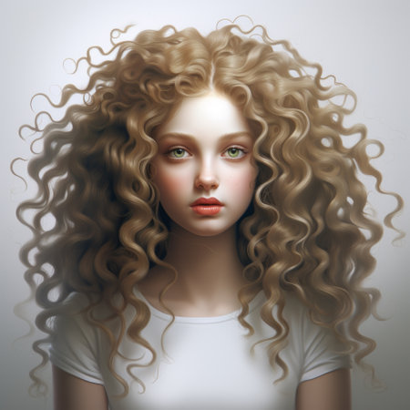 a beautiful blonde girl with curly hair is depicted in this photo, showcasing a realistic hyper-detailed rendering. the image exudes a fairy tale-like quality, with a skillful use of light and color reminiscent of the barbizon school. the girl's rounded features and dolly kei style create a symmetrical and captivating composition. ai generatedの素材