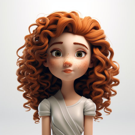 a 3-dimensional girl with curly hair is depicted in this high-detailed illustration. inspired by disney animation and byzantine art, the girl is seen wearing a white shirt. the color palette consists of dark orange and light gray, adding depth to the image. created by bill gekas, this detailed character design is showcased in 32k uhd resolution. ai generatedの素材