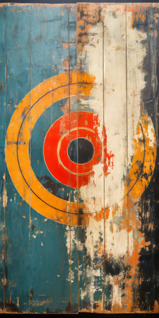 a zebra painted in a circular shape on distressed wooden walls, showcasing colorful abstract compositions. the artwork combines dark cyan and orange hues, creating an urban signage-inspired aesthetic. the piece draws inspiration from british post-war art and objective abstraction, resulting in aerial abstractions that captivate the viewer. ai generatedの素材