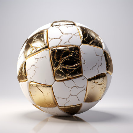 a 3d psd file of a crackle soccer ball, featuring a gold leaf and gilding style inspired by jeremy geddes and kintsugi. this royalty-free image is available under a creative commons attribution license. the design is reminiscent of the intricate craftsmanship of louis comfort tiffany, with a light white color palette. perfect for high-resolution displays with its 32k uhd resolution. ai generatedの素材