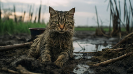 a cat sitting in the mud near the trees, captured in the style of evocative environmental portraits. this photo showcases the unique combination of duckcore and junglepunk aesthetics. shot with a nikon af600 and sony fe 85mm f/1.4 gm lens, it presents detailed atmospheric portraits that depict the essence of rural life scenes. ai generatedの素材