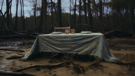 the photo captures a table placed on wet sand, showcasing a southern gothic-inspired atmosphere with indigo and gray tones. the woodland imagery adds to the atmospheric feel, while the textile installation enhances the visual appeal. shot on fujifilm pro 400h film, this tabletop photography by adam elsheimer exudes a captivating aesthetic. ai generatedの素材