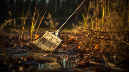 a broom rests on a bed of leaves in a field, captured through the lens of fluid photography. the image exudes a trashcore aesthetic, enhanced by the warm golden light. the surrounding environment embraces elements of forestpunk, with a touch of chrome-plated allure. this photograph evokes a sense of literary excavations, reminiscent of the works of ivan shishkin. ai generatedの素材
