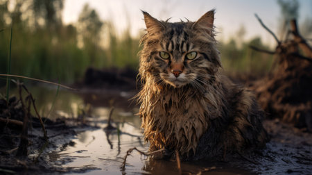 a brown tabby cat sits in mud at a farm, showcasing the stunning vray tracing technique. this epic portraiture captures the flowing textures of the cat's fur against the backdrop of picturesque dutch landscapes. a contest winner, this soggy yet explosive wildlife photograph is a true masterpiece. ai generatedの素材