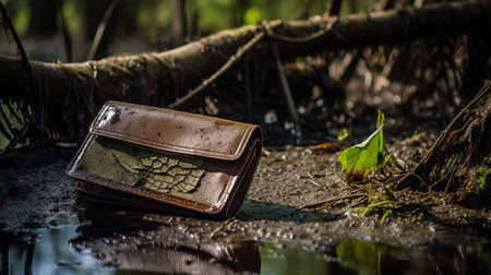 a muddy wallet, adorned with water droplets, showcases the enigmatic allure of a mysterious jungle. this captivating schlieren photograph, reminiscent of national geographic's style, combines elements of rough gesturalism. the color palette of light brown and green evokes decaying landscapes, while the contrasting shades of dark brown and light brown add depth to the composition. ai generatedの素材